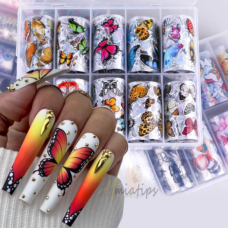 10 Rolls Butterfly Print Transfer Paper Nail Art Foil Luxury Animal Pattern Decals Wraps Tips Stickers Manicure Decorations