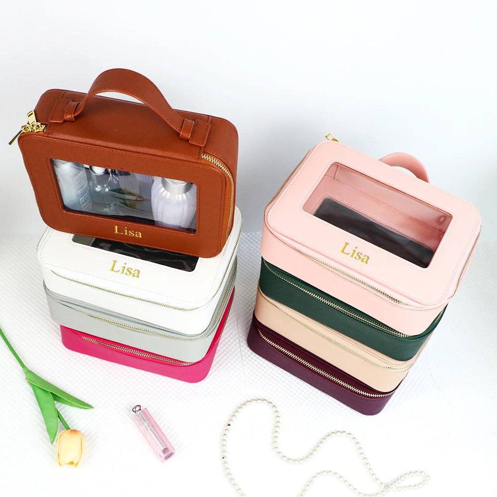 Customized Name Leather Makeup Bag, Waterproof Makeup Brush Storage Bag, Portable Transparent PVC TPU Storage Bag