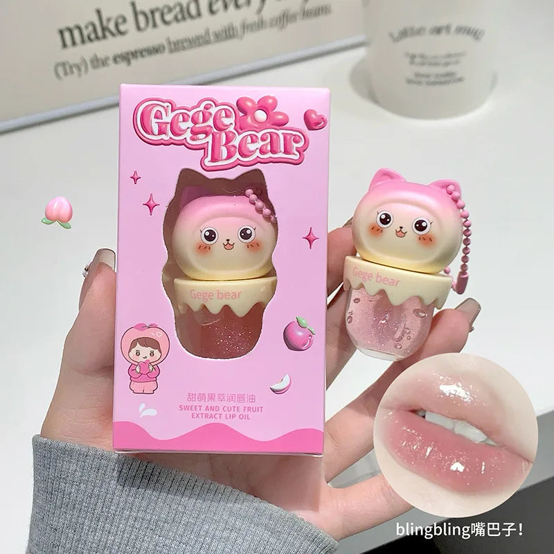 Gege Bear Cute Fruit-Flavored Lip Oil, Can be Key Pendant, Hydrating & Moisturizing Lip Balm for Lipstick Base, Reduces Lip Line