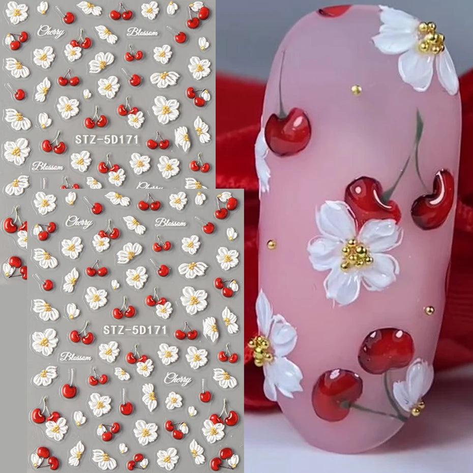 5D Embossed Elegant Cherry Fruit Nail Stickers Spring White Flowers Self-Adhesive Nail Decals Wedding Season Nail Decoration