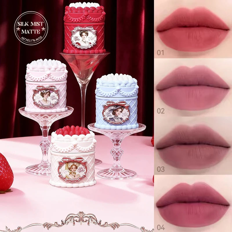 Strawberry Cake Lipstick Matte Velvet Mousse Lip Gloss Lip Mud Soft Focus Finish Vintage Highly Pigmented Lip Cream Women Makeup