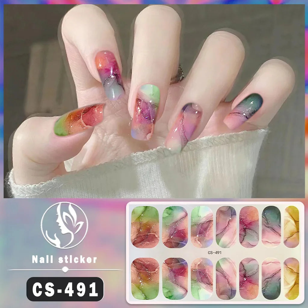 Marbling Magnetic Nail Sticker Full Cover Nail Decals Press On Gradient Color Strip Wraps Self Adhesive Nail Art Accessorie
