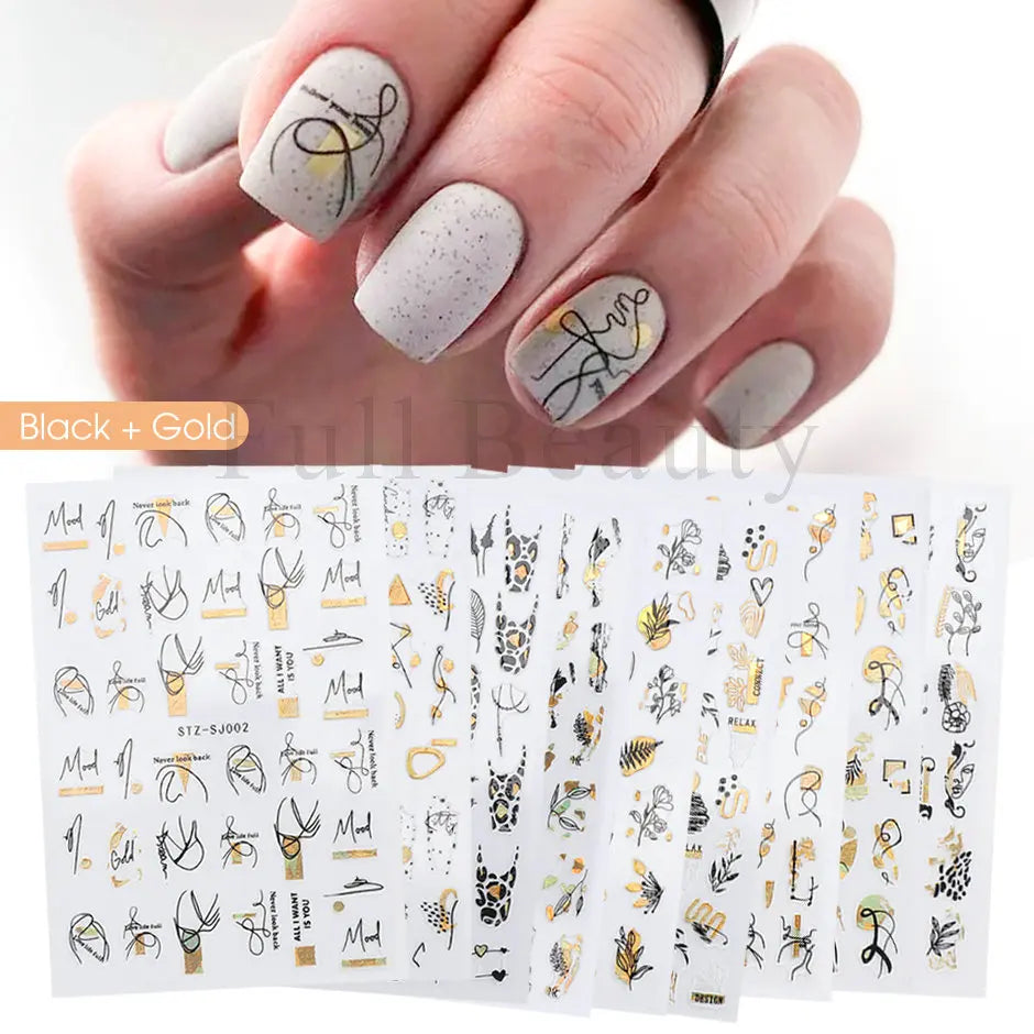 9pcs Nail Stickers Set Mixed Designs 3D Holographic Laser Abstract Stripes Line Leaf Spring Summer Decals Manicure Decorations