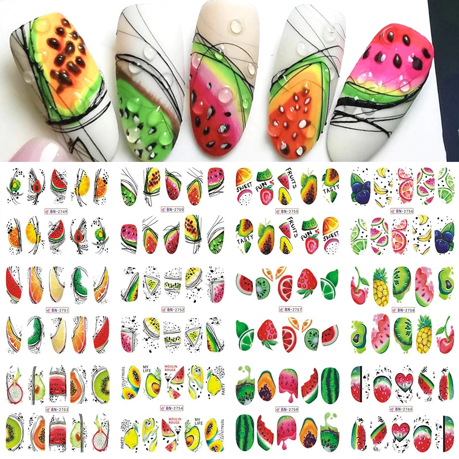 12pcs Abstract Line Fruit Water Nail Sliders Geometry Pawpaw Watermelon Avocado Design Decals Summer Tropical Charm Tattoo Foils