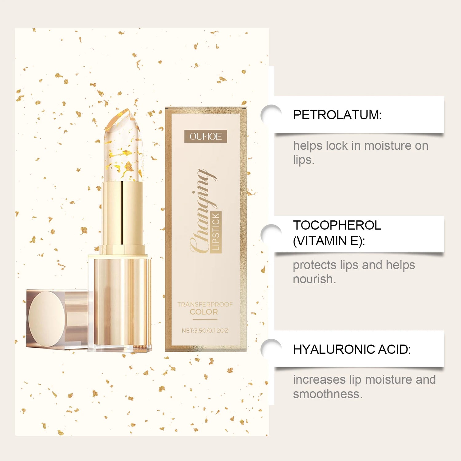 24K Gold Foil Vitamin E Lip Balm Crystal Jelly Lipstick,Moisturizing Lip Care for Dry Lips,Long-Lasting Hydrating Tint