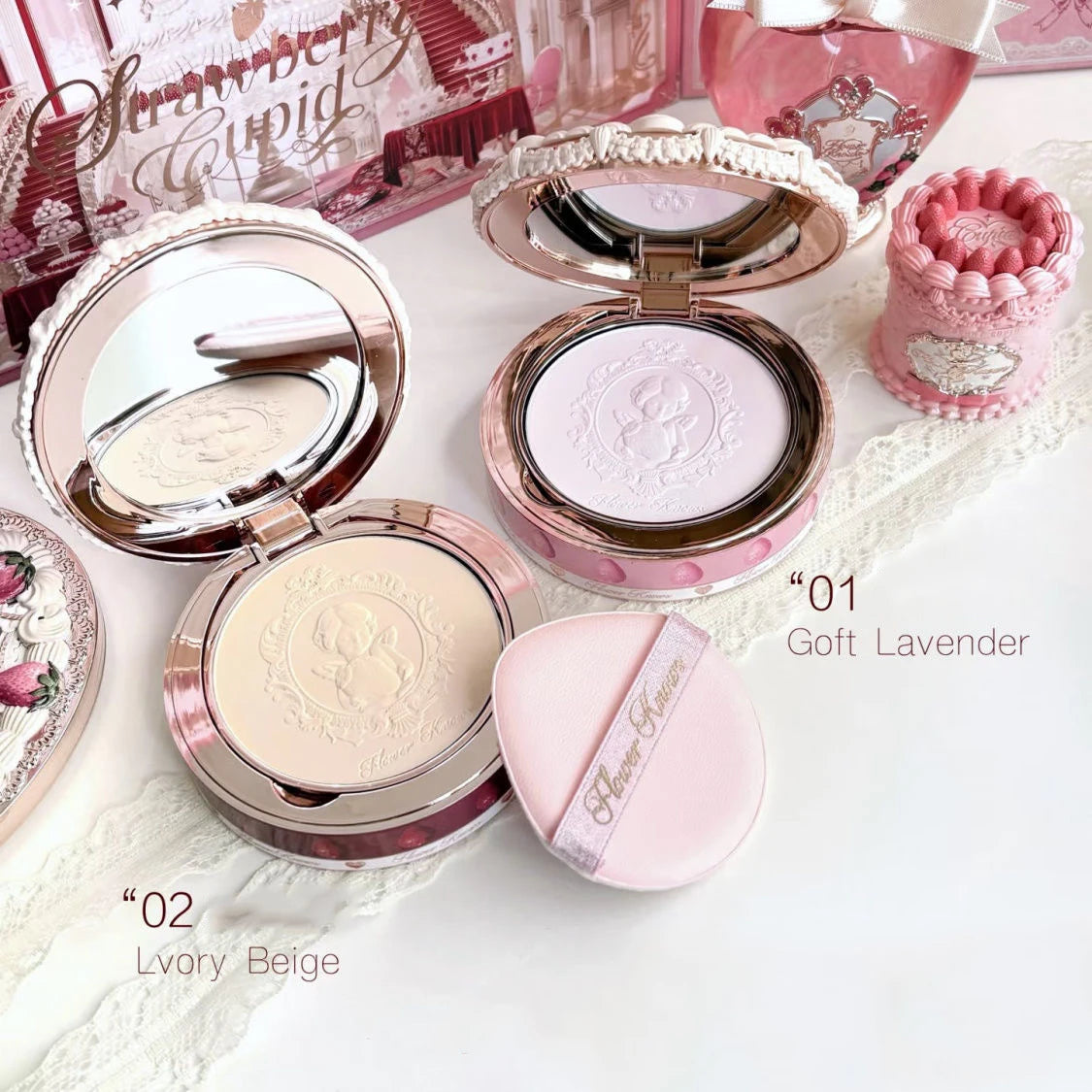 Flower Knows Compact Powder Matte Pressed Setting Powder Strawberry Cupid Collection Pressed Foundation Powder Makeup 9.5g
