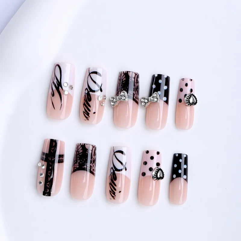 24Pcs Y2K Dark Medium Square False Nails Black Lace Cross French Polka Dot Press On Nails 3D Metallic Silver Bow Heart Nail Tips