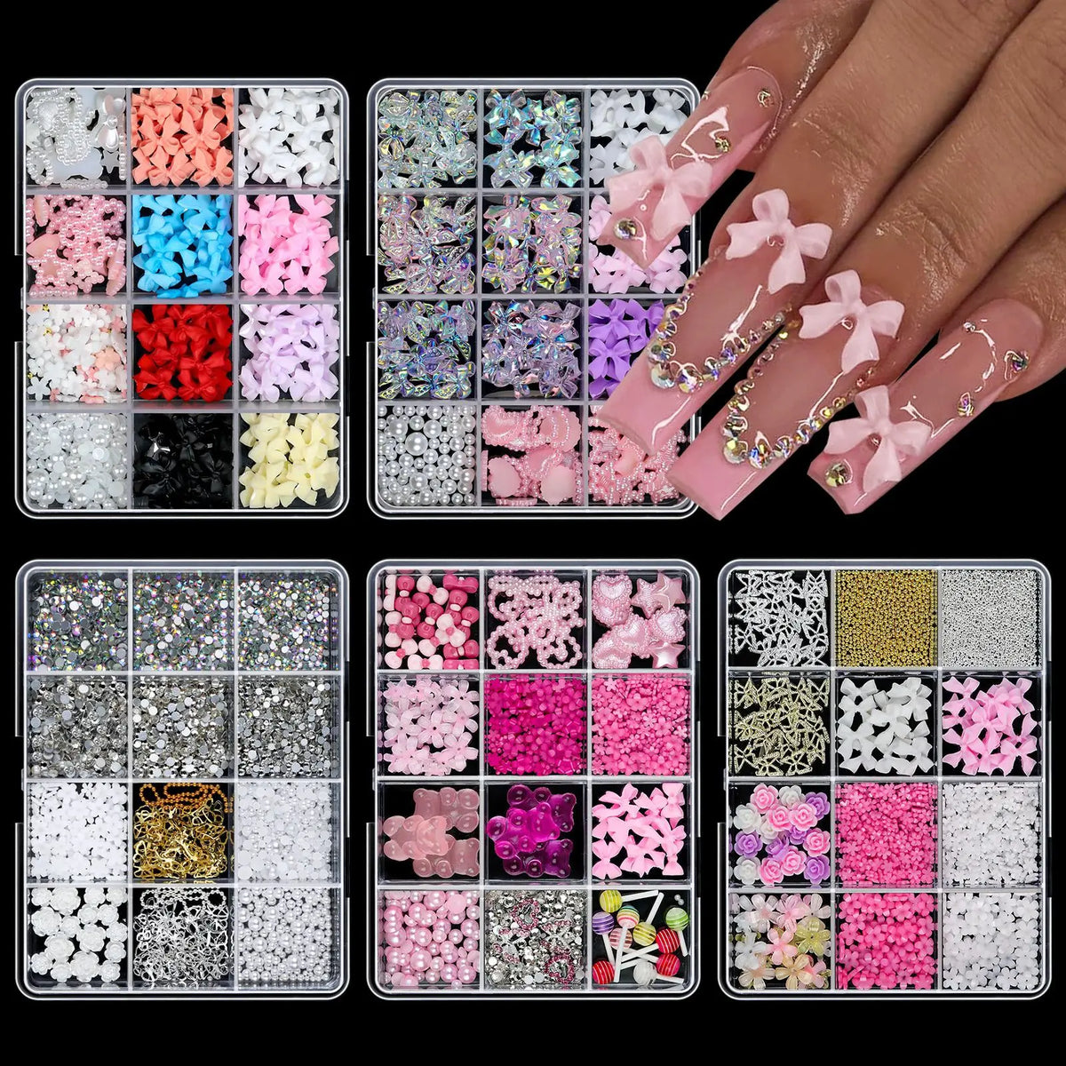 12Grids/Box 3D Mixed Bowknot Pearl Heart Nail Charms Flatback Resin Flower,Star,Moon Nail Rhinestones DIY Nail Art Decorations &
