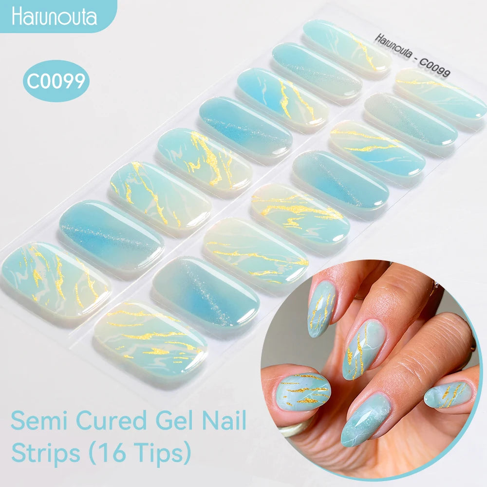 Harunouta 16strips Gradient Green Gold Ocean Semi Cured Gel Nail Strips DIY Gel Polish Stickers for Nails Works with UV/LED