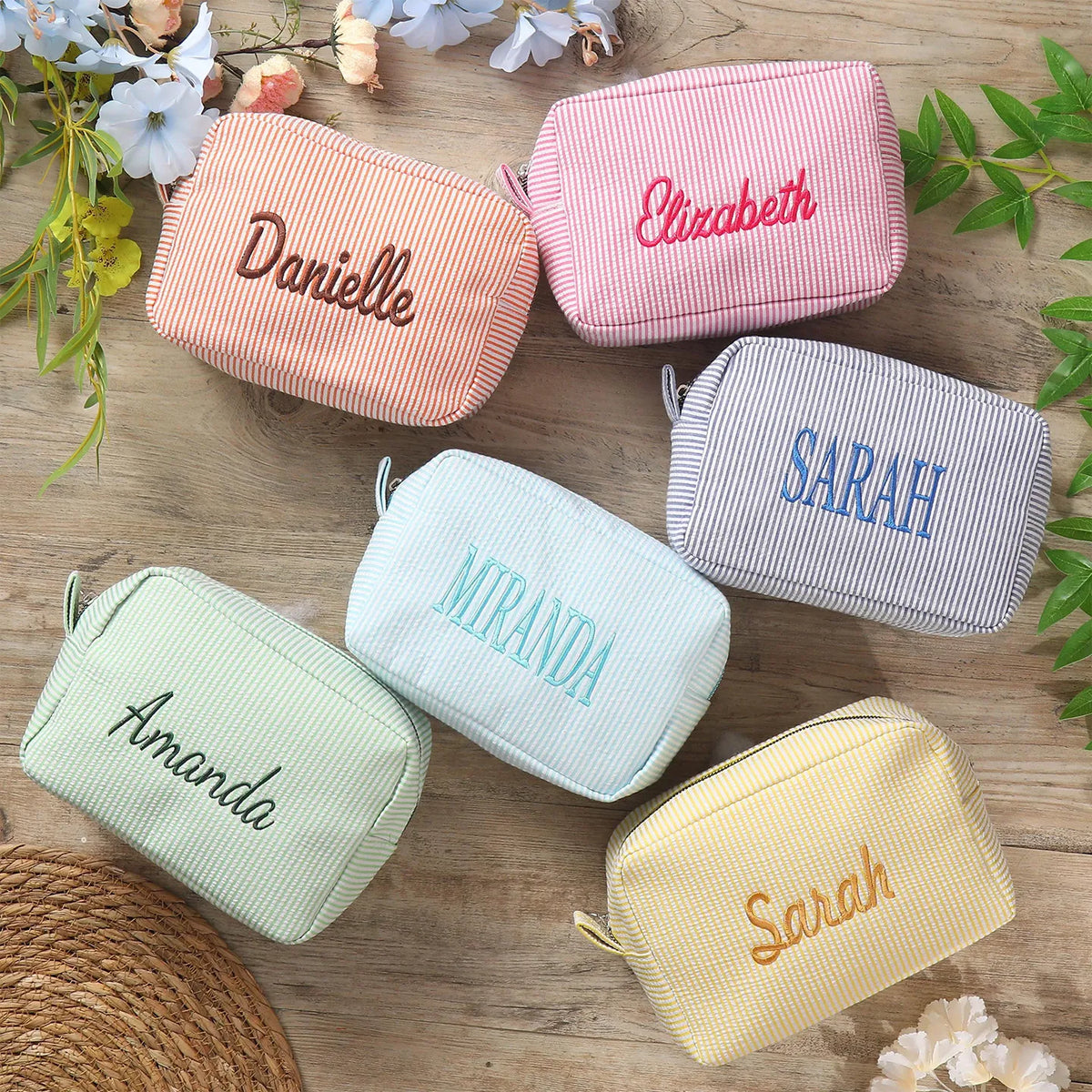 Personalized Striped Makeup Bag Custom Name Embroidery Cosmetic Pouch Travel Toiletry Organizer Gift for Women Girls Bridesmaid