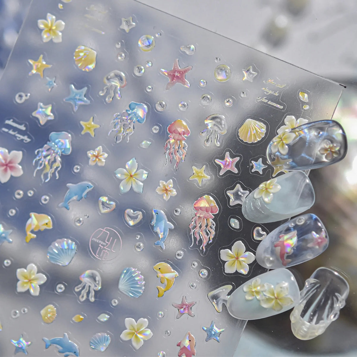 1pcs Ocean Marine Life Jellyfish Dolphin Shell Starfish Frangipani Summer Ocean Style 5D Nail Art Stickers Embossed Nail Decals