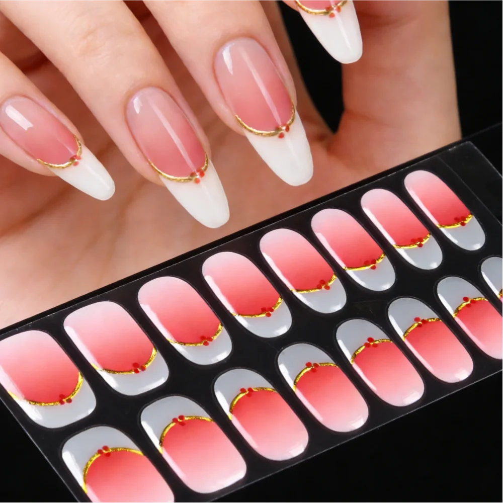 16Tips Pink Gradient with Gold Line Gel Nail Strips White French Full Cover Nail Wraps UV/LED Lamp Curing Gel Nail Art Stickers