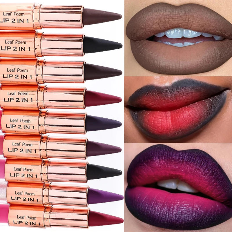 Sexy Red Black Lipstick Waterproof Lipliner Makeup Black Purple Rose Double Head Matte Lipgloss Tapered Lip Liner Contour Pencil