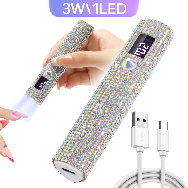 Mini Handheld UV LED Nail Lamp With Diamonds Portable Nail Dryer For Curing Gel Polish With Display Manicure Machine