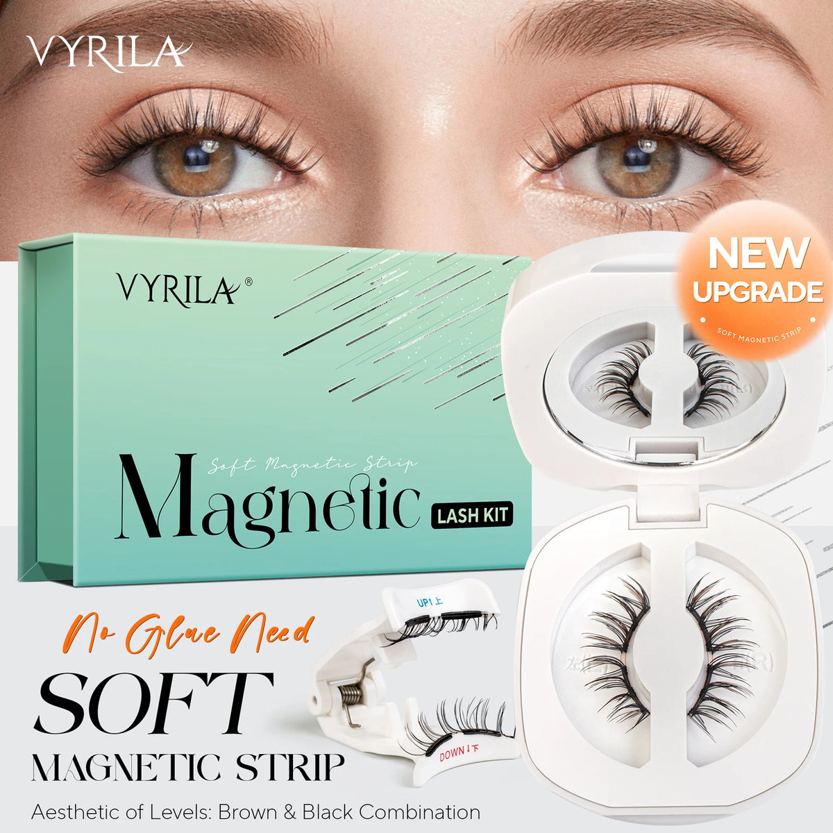 VYRILA Upgrade Magnetic Eyelashes Brown/Black Reusable Soft Magnetic Lash with Applicator Natural Look No Glue Needed Lashes Kit