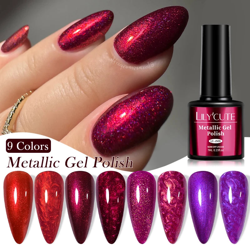 LILYCUTE 7ml Metallic Gel Nail Polish Red Chrome Mirror Effect Thread Shell Nail Gel Quick Dry Semi Permanent UV Gel Nail Art