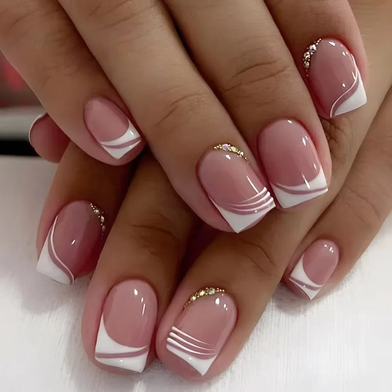 24pcs Glossy Short Square Fake Nails, White French Tip Press On Nails With Crocodile Pattern Design, Minimalist Style Pink False