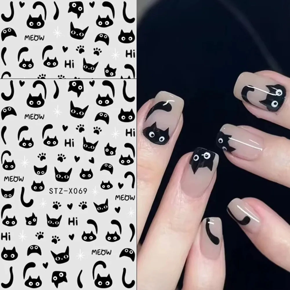 2 pcs 3D Kawaii Black Cat Stickers for Nails Lovely Graffiti Cat Self-Adhesive Nail Sliders Halloween Cat Tail Nail Art Decor