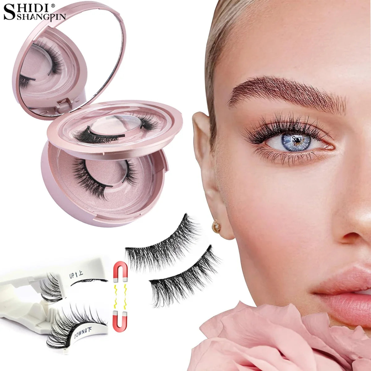 2 Pairs Magnetic False Lashes with Applicator Natural Reusable No Glue Needed Magnet Fake Eyelashes for Easy Makeup Tools Kits