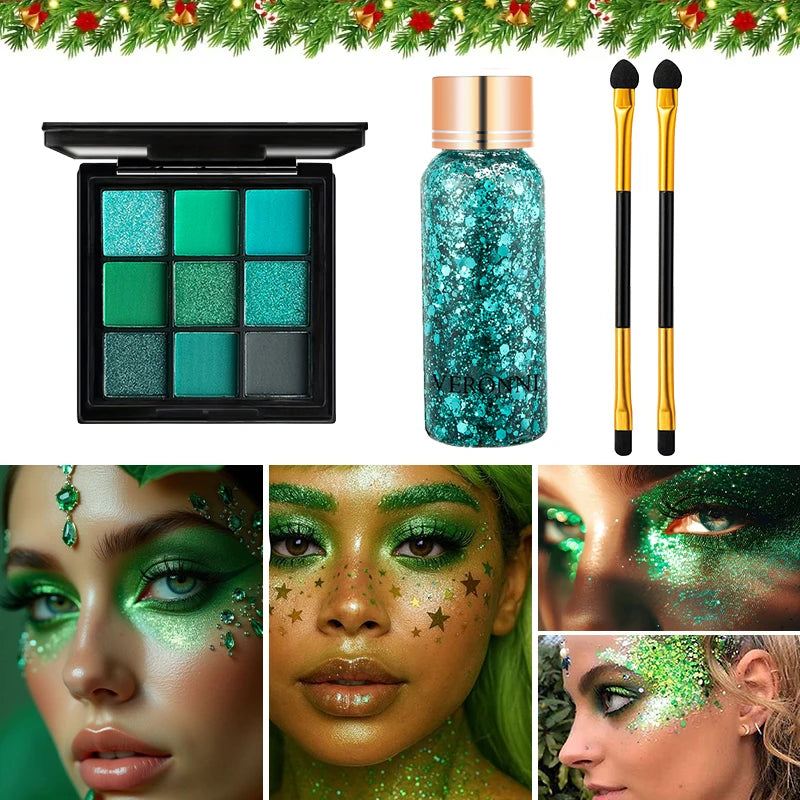 9 Colors Green Eyeshadow Palette + Glitter Gel + Brushes Set, Matte Shimmer Pigmented Makeup Kit for Halloween Cosplay Party