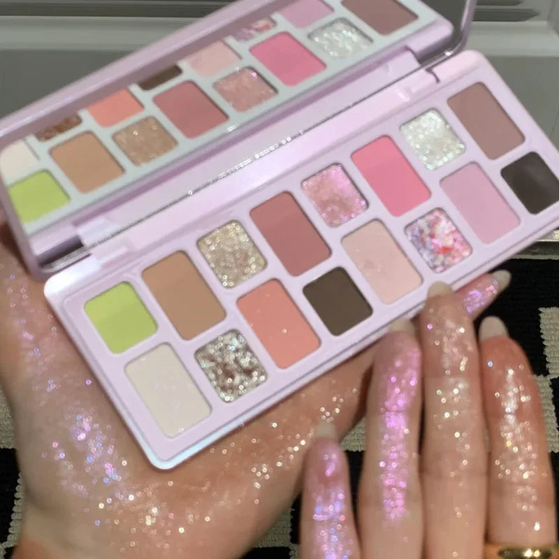 16-Color Glitter Pink Eye Shadow Smoky Shimmer Blue Green Pearlescent Diamonds Sparkling Shiny Eyeshadow Makeup Palette Cosmetic